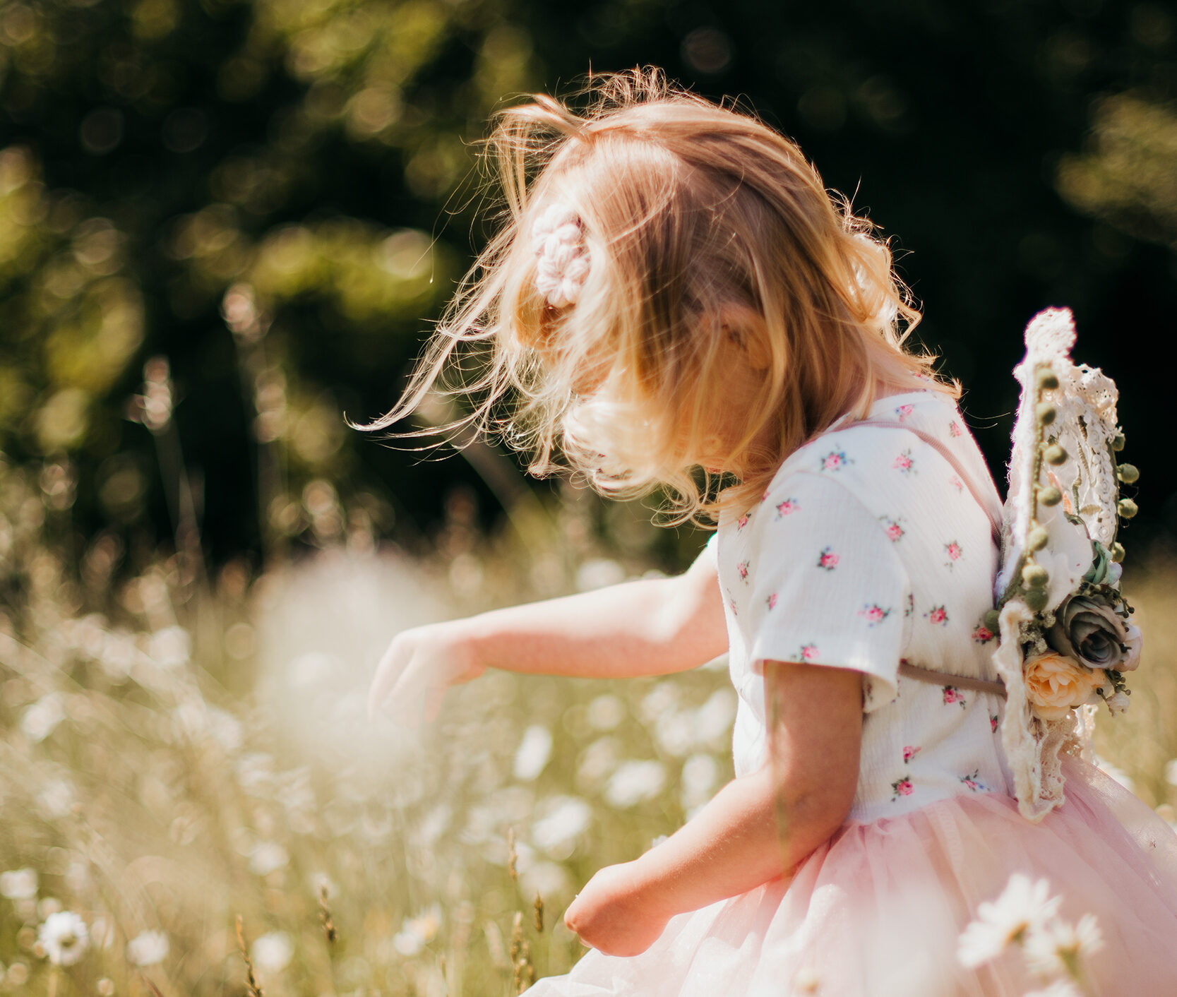 Photo of little girl wearing angel wings in a field of daisies.